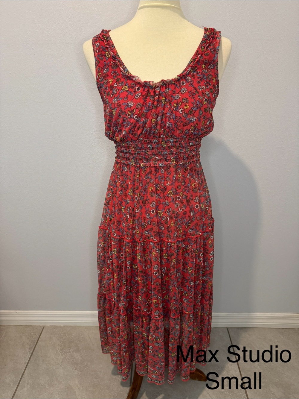 Max Studio Red Floral Tiered Smocked Maxi Dress